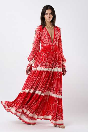 Limerick By Abirr N' Nanki_Red Crepe Plunge Neck Lore Embroidered Maxi Dress _Online_at_Aza_Fashions