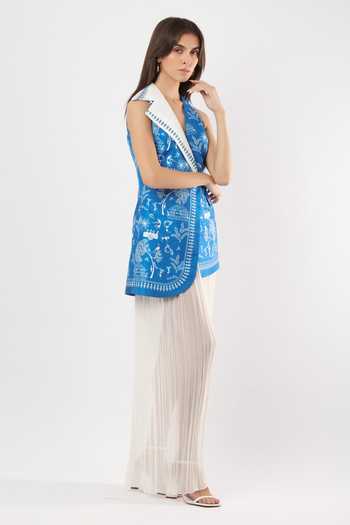 Limerick By Abirr N' Nanki Blue Georgette, Satin V-neck, Asymmetric Miss Hand Embroidered Pleated Dress Online at Aza Fashions Limerick By Abirr N' Nanki_Blue Georgette, Satin V-neck, Asymmetric Miss Hand Embroidered Pleated Dress _Online_at_Aza_Fashions