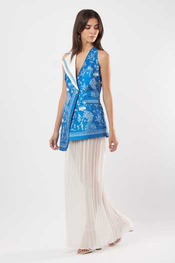 Shop Limerick By Abirr N' Nanki Blue Georgette, Satin V-neck, Asymmetric Miss Hand Embroidered Pleated Dress Online at Aza Fashions Shop_Limerick By Abirr N' Nanki_Blue Georgette, Satin V-neck, Asymmetric Miss Hand Embroidered Pleated Dress _Online_at_Aza_Fashions