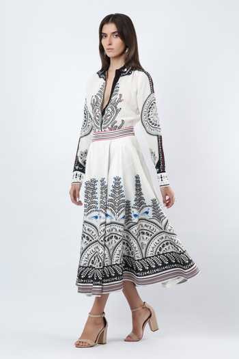 Limerick By Abirr N' Nanki_Black Crepe, Satin Mandarin Collar Dallis Eller Printed Shirt And Skirt Set _at_Aza_Fashions