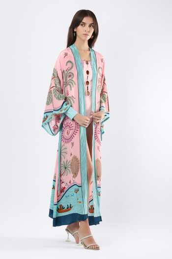 Limerick By Abirr N' Nanki_Pink Crepe Shawl Neck Margarete Embroidered Coverup Kimono _Online_at_Aza_Fashions