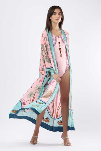 Buy_Limerick By Abirr N' Nanki_Pink Crepe Shawl Neck Margarete Embroidered Coverup Kimono _Online_at_Aza_Fashions