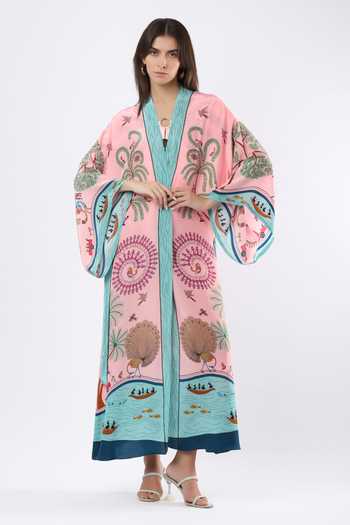Shop_Limerick By Abirr N' Nanki_Pink Crepe Shawl Neck Margarete Embroidered Coverup Kimono _Online_at_Aza_Fashions