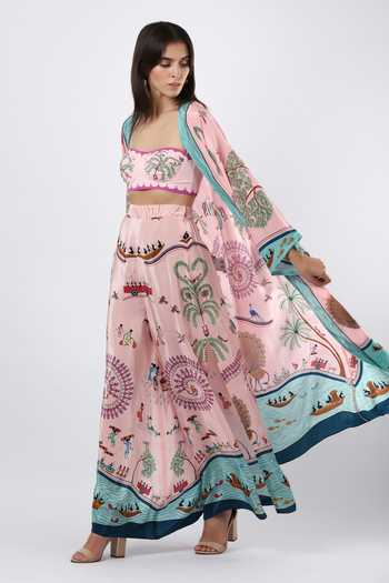 Limerick By Abirr N' Nanki_Pink Crepe Shawl Neck Margarete Embroidered Coverup Kimono _at_Aza_Fashions