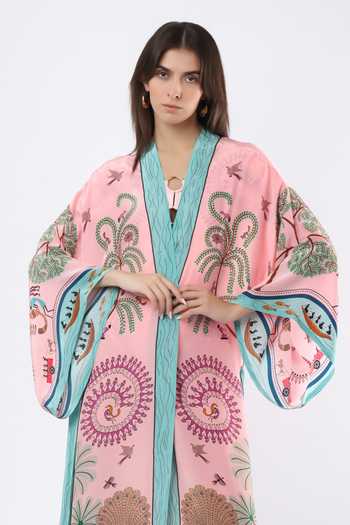 Buy_Limerick By Abirr N' Nanki_Pink Crepe Shawl Neck Margarete Embroidered Coverup Kimono 