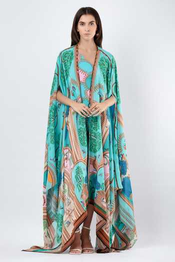 Limerick By Abirr N' Nanki Blue Crepe Elish Warli Print Cape at Aza Fashions Limerick By Abirr N' Nanki_Blue Crepe Elish Warli Print Cape _at_Aza_Fashions