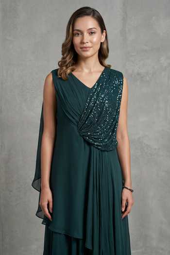 Two Sisters By Gyans_Green Georgette V-neck Draped Dress _Online_at_Aza_Fashions