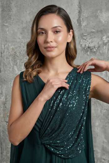 Buy_Two Sisters By Gyans_Green Georgette V-neck Draped Dress _Online_at_Aza_Fashions