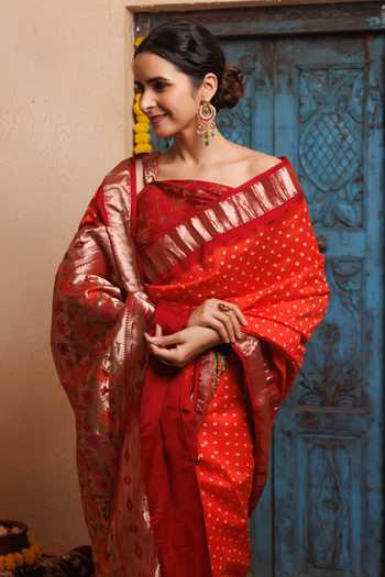 Geroo Jaipur Orange Silk One Handcrafted Bandhani Saree With Stitched Blouse And Petticoat Online at Aza Fashions Geroo Jaipur_Orange Silk One Handcrafted Bandhani Saree With Stitched Blouse And Petticoat _Online_at_Aza_Fashions