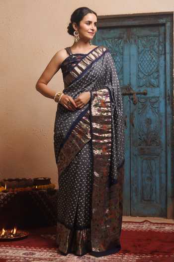 Shop_Geroo Jaipur_Gold Silk One Shoulder Bandhani Saree Set _Online_at_Aza_Fashions