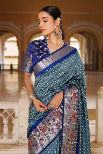 Shop_Geroo Jaipur_Blue Silk, Brocade V-neck Bandhani Saree Set _Online_at_Aza_Fashions