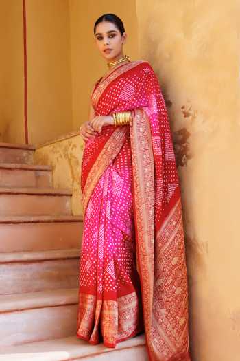 Buy Geroo Jaipur Pink Silk Square Neck Bandhani Saree With Stitched Blouse And Petticoat Set Online at Aza Fashions Buy_Geroo Jaipur_Pink Silk Square Neck Bandhani Saree With Stitched Blouse And Petticoat Set _Online_at_Aza_Fashions