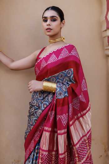 Geroo Jaipur_Pink Silk One Shoulder Ajrakh Bandhani Saree Set _Online_at_Aza_Fashions