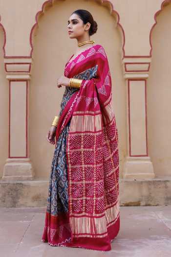Shop_Geroo Jaipur_Pink Silk One Shoulder Ajrakh Bandhani Saree Set _Online_at_Aza_Fashions