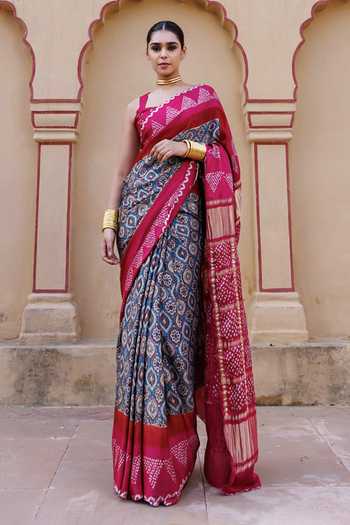 Geroo Jaipur_Pink Silk One Shoulder Ajrakh Bandhani Saree Set _at_Aza_Fashions