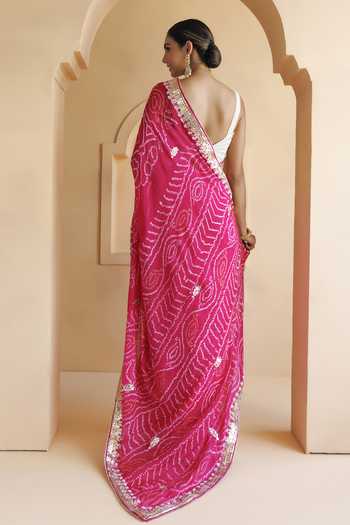 Geroo Jaipur Bandhani Saree Set with Stitched Blouse and Petticoat 