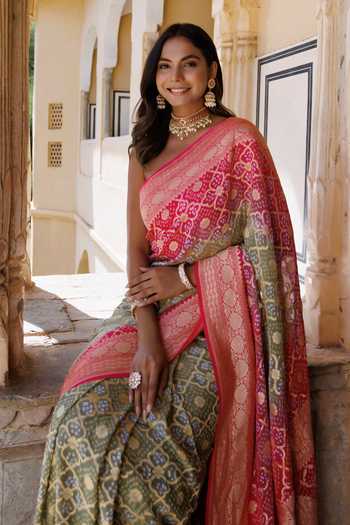 Shop_Geroo Jaipur_Pink Georgette Round Neck Gharchola Bandhani Saree Set With Stitched Blouse _Online_at_Aza_Fashions