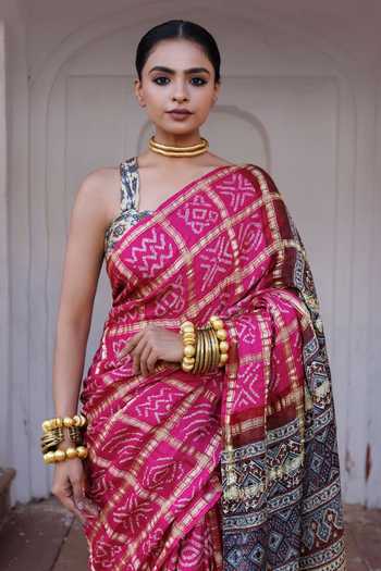 Buy_Geroo Jaipur_Pink Silk One Shoulder Ajrakh Bandhani Saree Set _Online_at_Aza_Fashions