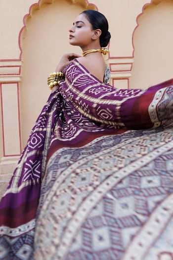 Geroo Jaipur Wine Silk Sweetheart Ajrakh Bandhani Saree With Stitched Blouse And Petticoat Set Online at Aza Fashions Geroo Jaipur_Wine Silk Sweetheart Ajrakh Bandhani Saree With Stitched Blouse And Petticoat Set _Online_at_Aza_Fashions