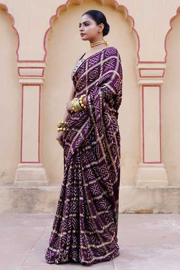 Buy Geroo Jaipur Wine Silk Sweetheart Ajrakh Bandhani Saree With Stitched Blouse And Petticoat Set Online at Aza Fashions Buy_Geroo Jaipur_Wine Silk Sweetheart Ajrakh Bandhani Saree With Stitched Blouse And Petticoat Set _Online_at_Aza_Fashions