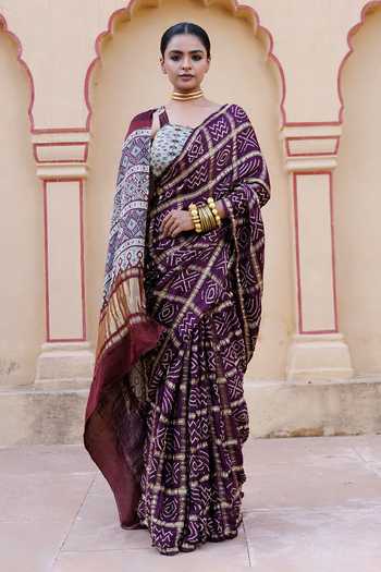 Geroo Jaipur Ajrakh Bandhani Saree with Stitched Blouse & Petticoat Set 