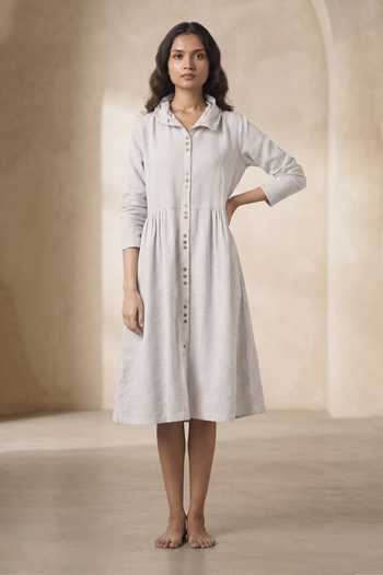 Buy MATI White Stripe Handspun Cotton Button Down Dress at Aza Fashions Buy_MATI_White Stripe Handspun Cotton Button Down Dress_at_Aza_Fashions