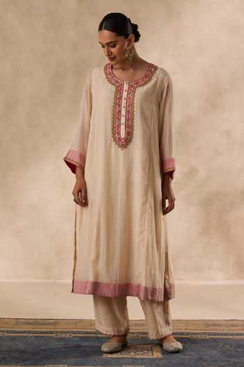 Buy_Janki India_Ivory Organza, Chanderi Round Neck, Yes Bead And Resham Embroidered Kurta Set _Online_at_Aza_Fashions