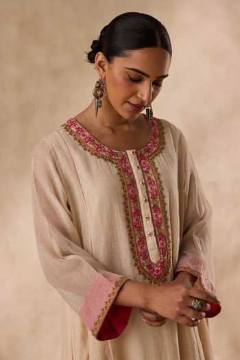 Shop_Janki India_Ivory Organza, Chanderi Round Neck, Yes Bead And Resham Embroidered Kurta Set _Online_at_Aza_Fashions