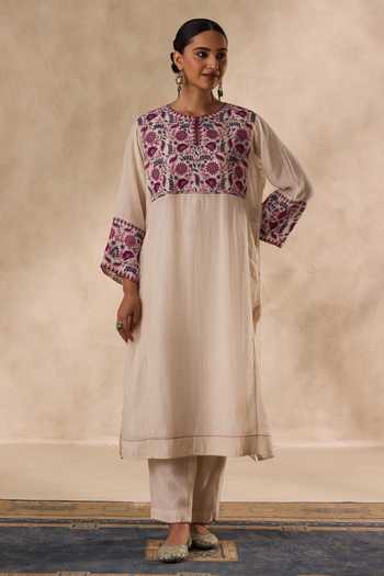 Janki India_Ivory Cotton, Organza, Chanderi Round Neck Floral Embroidered Kurta Set _Online_at_Aza_Fashions