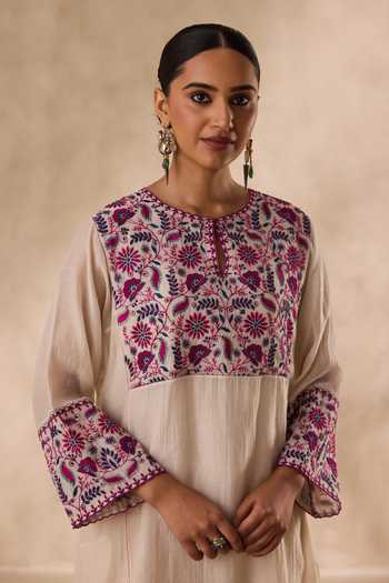 Shop_Janki India_Ivory Cotton, Organza, Chanderi Round Neck Floral Embroidered Kurta Set _Online_at_Aza_Fashions