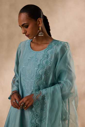 Janki India_Sky Blue Organza, Chanderi Round Neck Resham Work Kurta Set _Online_at_Aza_Fashions