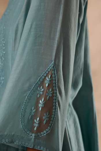 Buy_Janki India_Sky Blue Organza, Chanderi Round Neck Resham Work Kurta Set _Online_at_Aza_Fashions