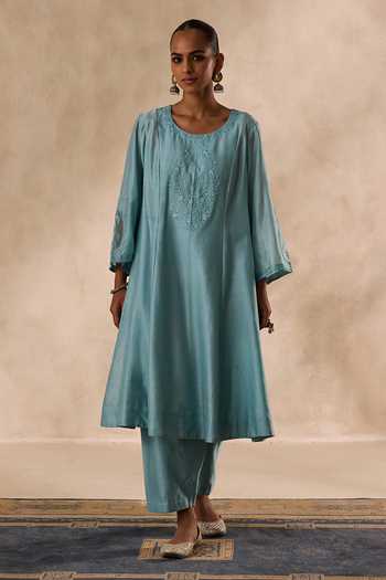 Shop_Janki India_Sky Blue Organza, Chanderi Round Neck Resham Work Kurta Set _Online_at_Aza_Fashions