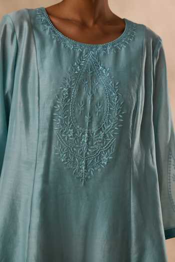 Janki India_Sky Blue Organza, Chanderi Round Neck Resham Work Kurta Set _at_Aza_Fashions