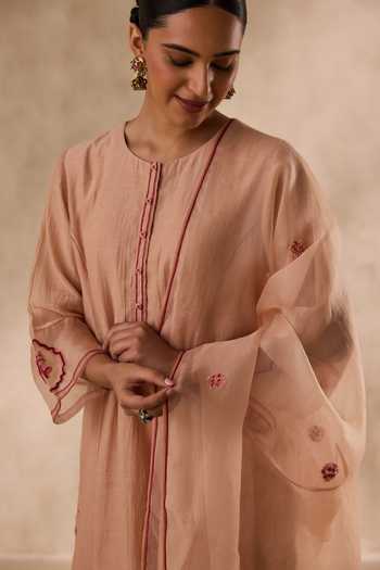 Janki India Beige Chanderi, Organza Round Neck Resham Embroidered Kurta Pant Set Online at Aza Fashions Janki India_Beige Chanderi, Organza Round Neck Resham Embroidered Kurta Pant Set _Online_at_Aza_Fashions