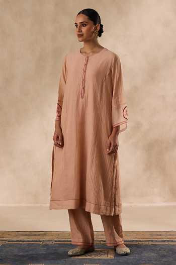 Shop Janki India Beige Chanderi, Organza Round Neck Resham Embroidered Kurta Pant Set Online at Aza Fashions Shop_Janki India_Beige Chanderi, Organza Round Neck Resham Embroidered Kurta Pant Set _Online_at_Aza_Fashions