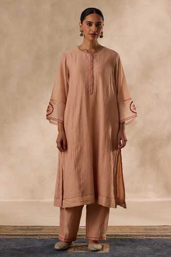 Janki India Beige Chanderi, Organza Round Neck Resham Embroidered Kurta Pant Set at Aza Fashions Janki India_Beige Chanderi, Organza Round Neck Resham Embroidered Kurta Pant Set _at_Aza_Fashions
