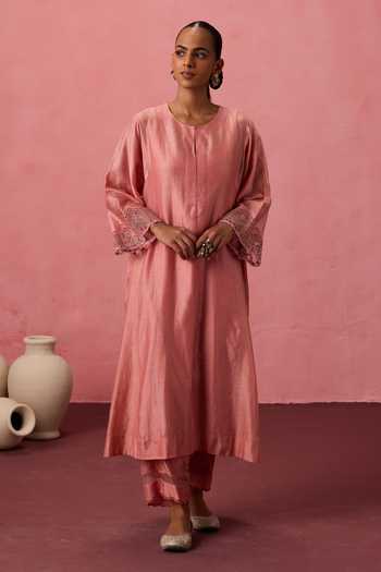 Janki India_Peach Cotton, Organza, Chanderi Round Neck Embroidered Kurta Set _Online_at_Aza_Fashions