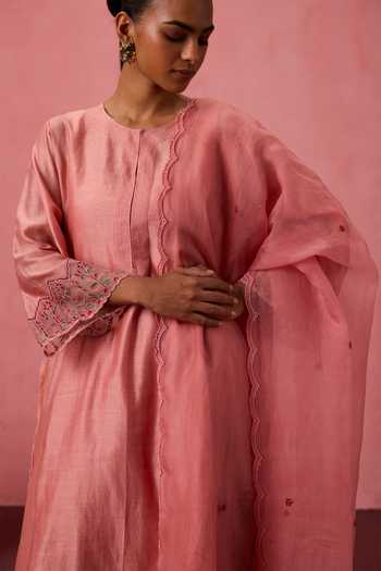Janki India_Peach Cotton, Organza, Chanderi Round Neck Embroidered Kurta Set _at_Aza_Fashions