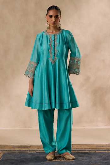 Janki India_Sky Blue Organza, Chanderi Round Neck, Yes Dori Work Kurta Set _Online_at_Aza_Fashions