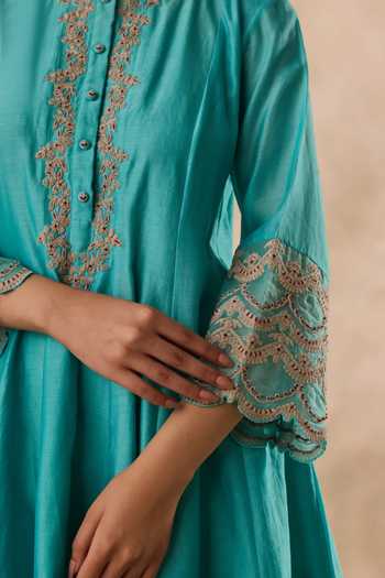 Buy_Janki India_Sky Blue Organza, Chanderi Round Neck, Yes Dori Work Kurta Set _Online_at_Aza_Fashions