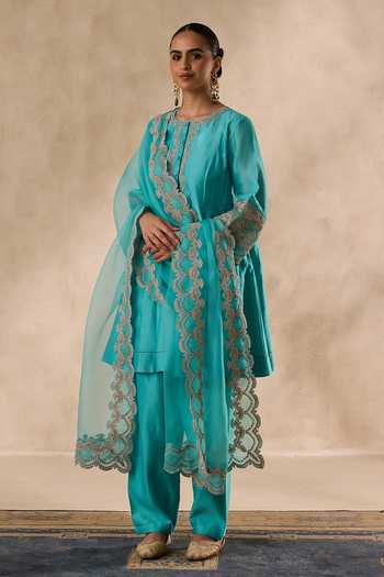 Shop_Janki India_Sky Blue Organza, Chanderi Round Neck, Yes Dori Work Kurta Set _Online_at_Aza_Fashions