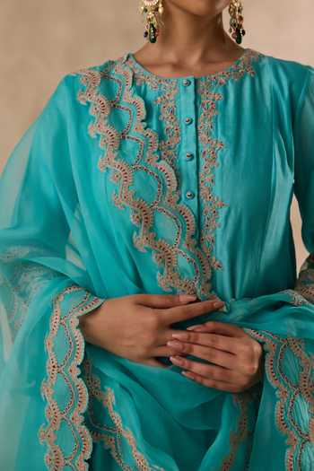 Janki India_Sky Blue Organza, Chanderi Round Neck, Yes Dori Work Kurta Set _at_Aza_Fashions