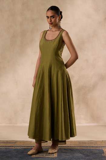 Janki India Olive Green Silk, Cotton, Organza Scoop Neck, Resham Embroidered Anarkali Set Online at Aza Fashions Janki India_Olive Green Silk, Cotton, Organza Scoop Neck, Resham Embroidered Anarkali Set _Online_at_Aza_Fashions