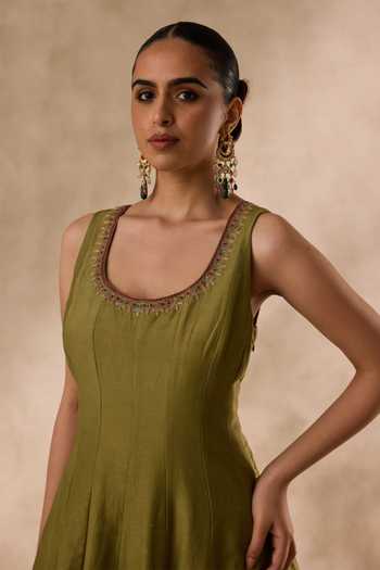 Shop Janki India Olive Green Silk, Cotton, Organza Scoop Neck, Resham Embroidered Anarkali Set Online at Aza Fashions Shop_Janki India_Olive Green Silk, Cotton, Organza Scoop Neck, Resham Embroidered Anarkali Set _Online_at_Aza_Fashions