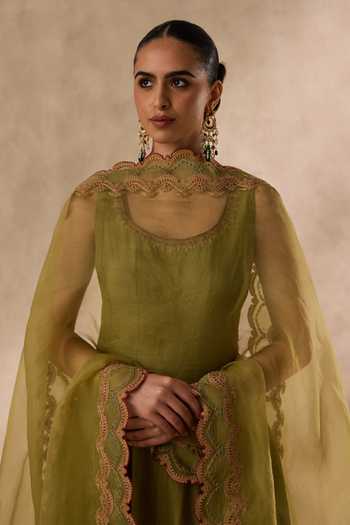 Janki India Olive Green Silk, Cotton, Organza Scoop Neck, Resham Embroidered Anarkali Set at Aza Fashions Janki India_Olive Green Silk, Cotton, Organza Scoop Neck, Resham Embroidered Anarkali Set _at_Aza_Fashions