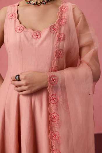 Janki India Peach Silk, Cotton, Organza Placement Embroidered Anarkali Set Online at Aza Fashions Janki India_Peach Silk, Cotton, Organza Placement Embroidered Anarkali Set _Online_at_Aza_Fashions