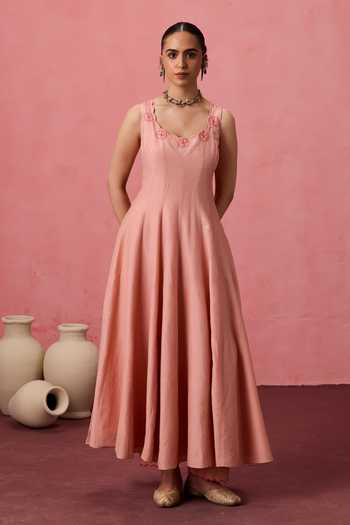 Buy Janki India Peach Silk, Cotton, Organza Placement Embroidered Anarkali Set Online at Aza Fashions Buy_Janki India_Peach Silk, Cotton, Organza Placement Embroidered Anarkali Set _Online_at_Aza_Fashions