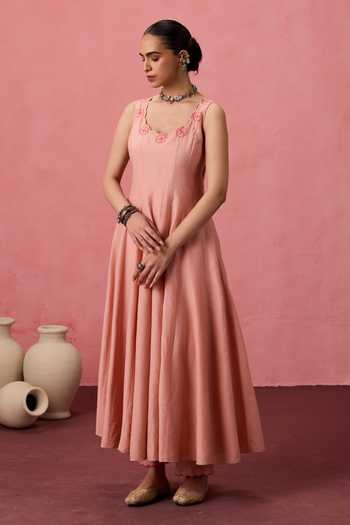 Shop Janki India Peach Silk, Cotton, Organza Placement Embroidered Anarkali Set Online at Aza Fashions Shop_Janki India_Peach Silk, Cotton, Organza Placement Embroidered Anarkali Set _Online_at_Aza_Fashions