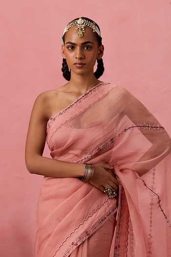Janki India_Peach Organza, Chanderi Embroidered Saree With Unstitched Blouse Piece _Online_at_Aza_Fashions